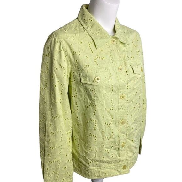 Appleseed's Yellow Green Eyelet Lace Button Down Jacket Sze Petite Medium PM NEW - Picture 2 of 8